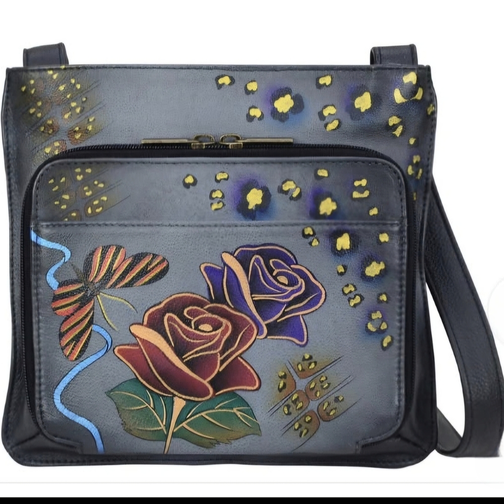 Anuschka By Anna    Hand-Painted Navy Floral Leather Slim Crossbody Bag